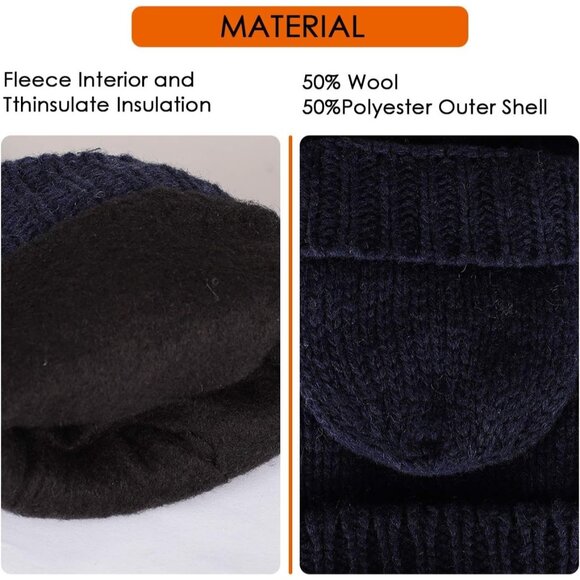 Women's Navy Winter Warm Thermal Insulation Fingerless Texting Wool Gloves - Picture 3 of 6